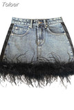 Fashion Women's Denim Skirt Zipper Spliced Feathers High Waist Solid Color Slim Female Mini Skirts Summer 2023 New