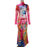 Toloer Women's Fall / Winter 2024 Fashion Print High-Stretch Long-Length Dress-Outfit