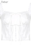 Kawaii Lolita Slit Bow Crop Top White Coquette Aesthetic Puff Short Sleeve Y2K T-shirts French Style Solid Cute