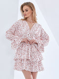 Ruffle Floral Print Women's Dress V Neck Long Sleeve Color Block High Waist Mini Dresses Female 2022 Fashion
