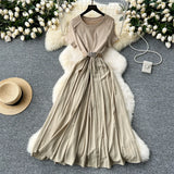 Summer Senior Round-Neck Short-Sleeved Dress, Tie, Waist Splicing, Elegant Large Hem