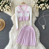 Korean Style Panelled Knitted Two Pieces Suits V Neck Mini Knitwear Tops+High Waist Pleasted Short Skirts Female