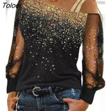 for Women 2023 Casual Daily T-shirts Glitter Sheer Mesh Long Sleeve Top Fashion Ladies Blouses Europe and America