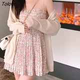 Women Casual Sweet Cardigan Bandage Pleated Mini Floral Dresses Sleeveless Design Elegant Spring Retro Ladies Chic