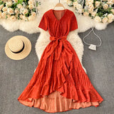 Black/White/Red Polka Dot Irregular Pleated Long Dress Women Vintage V-Neck Short Sleeve Ruffle Vestidos Spring Summer 2021
