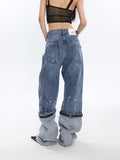 2023 Summer 2023 New Women's Jeans High Waist Graffiti Patchwork Contact Color Leather Button Denim Pants Tide