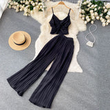 Summer Women Pleated Two Piece Set Sexy Female Criss Cross Twist Strap Tops + High Waist Draped Pants Beach Suits Vacation