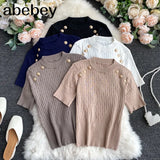 Sleeve O-neck High Quality Sweater Shirts With Decorated Buttons Girls Stretchy Crop Tops Sweaters Pullovers For