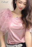 Shirts for Women Summer T Shirts O-neck Short Sleeve Tees Patchwork Gauze Fashion T-shirt Casual Korean Temperament