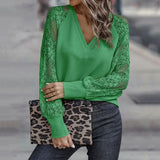 3XL Hollow Out Clothes Fashion Green Elegant Loose Lace Stitching Knitwear Blouses Women Long Sleeve V Neck Tops
