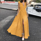 2022 Summer Maxi Dress Women Sexy Split Polka Dot Short Sleeve Long Sundress Celmia Bohemian Belted V-Neck Party Beach