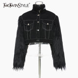 Casual Splicing Fluff Jacket For Women Turtleneck Long Sleeve Short Jackets Female Fashion New Clothing 2020