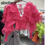 Slim Solid Patchwork Ruffles Lace Up Blouses For Women Deep V Neck Loose Long Sleeve Female 2022 Spring