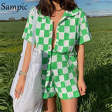 2021 Casual Knit Lounge Wear Women Tracksuit Summer Shorts Set Green Plaid Shirt Tops And Mini Loose Shorts Two Piece