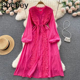 2022 Autumn New Lace Embroidery Dress Women Long Sleeves Dresses Female Vintage Party Beach Maxi Long
