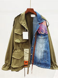 2023 Spring Autumn High Quality Lapel Long Sleeve Fake Two Piece Denim Patchwork Vintage Coat Women Jacket