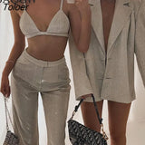 Silver Long Sleeve Shirt Women's Suit Sexy Underwear Button Shirts Trouser Suits 2022 Spring Fashion Club Night