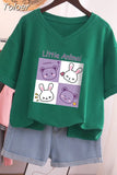 Plus Size T Shirt 100% Cotton L-5XL Tshirt Short Sleeve Women Top 2023 Summer Cartoon T Shirt V Neck Oversized T