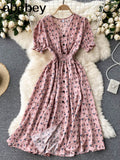 button floral print V Neck Long Dress Summer Party elastic waist dress Women elegant tunic split beach