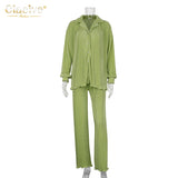 Casual High Wasit Pants Set Women Autumn Long Sleeve Blouses Matching Wide Trousers Suit Green Pleated 2 Piece Pant