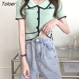 Knitting T-shirts Women Elegant Students Preppy Style Slim Short Sleeve Tops Girl Summer Panelled Buttons T Shirt