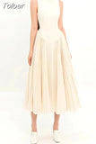 Elegant Slim Long Dresses For Women Stand Collar High Waist Patchwork Pleasted Solid Dress Female Summer Clothing 2023
