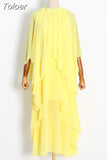 Casual Solid Loose Dress For Women Round Neck Half Sleeve Patchwork Ruffle Trim Midi Dresses Female 2023 Summer Clothing