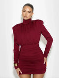 Turtleneck Long Sleeve Puff Pleated Mini Dress-Outfit