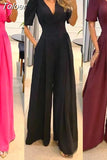 Women Jumpsuit Puff Short Sleeve V Neck Backless Nipped Waist Loose Wide Legs Casual Pants Romper High