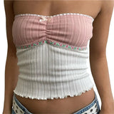 Crop Top 2000s Women Floral Patchwork Ruffle Trim Off Shoulder Strapless Sleeveless T Shirt y2k Clothing