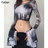 Sexy Bondage Dye Print Tee Long Flared Sleeve Fashion Short Top Mesh See Through Elegant Sweater Vintage Streetwear