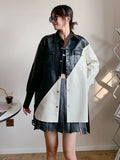 White Black Color-block Pu Leather Big Size Jacket New Lapel Long Sleeve Women Coat Fashion Spring Autumn 2023