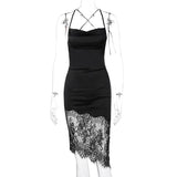 Black Satin Lace Up Patchwork Dress 2021 Spring Summer Women Fashion Sexy Backless Dresses Party Club