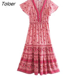 V-Neck Short Sleeve Summer Dress Floral Printed Bohemian Maxi Dresses Casual Beach Women Clothing 2023 Female