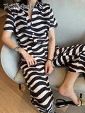 Loose Striped Colorblock Two Piece Set Womens Lapel Short Sleeve Shirt High Waist Wide Leg Pants Sets Female