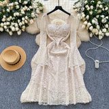 High-End Heavy Industry Nail Drill Three-Dimensional Flower Square Collar Horn Sleeves To Close The Waist Hollow Lace Dress