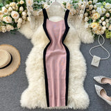 Women's Knitting Sheath Letters Tank Dress Female Bodycon Knitted Camisole Sleeveless Patchwork Mini Dresses For