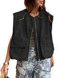 New Women's Sleeveless Pocket Baggy Vest Solid Color Cardigan Zipper Fashion Coat Women-Outfit