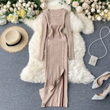 Women Sexy Split Knitting Dress Autumn Winter O Neck Long Sleeve Dress Korean Elasticity Warm Sheath Sweater