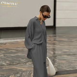 Fashion Long Sleeve Blouses Womens Two Peice Sets Casual Loose Slit Wide Trouser Suits Elegant White Pleated Female