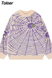 American Street Sweater Hippie Spider Web Hip Hop Knit Sweater Casual Loose Pullover Sweater Black