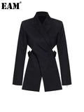 Women Black Cross Bandage Short Blazer New Lapel Long Sleeve Loose Fit Jacket Fashion Tide Spring Autumn 2023
