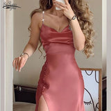 Chain Sling Women Dress High Waist Split Night Satin Sexy Dress Party Robes Casual Club V Neck Elegant Midi Dresses