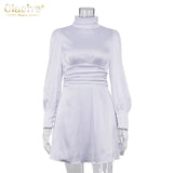 Fashion Stand Collar Satin Women Dresses Autumn Elegant Long Sleeve Backless Mini Dress Casual Sliim Pleated Dress