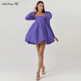 Puff Sleeves Ladies Party Black Dress Evening Chic Square Collar Ball Gown Womens Satin Dresses Short Pleated