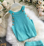 Women Soild Button Hollow Out Thin Knitted Tank Tops Female Girls Double Breasted Knit Sleeveless Sweater