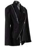 Women Black Zipper Irregular Blazer New Notched Long Sleeve Loose Fit Jacket Fashion Tide Spring Autumn 2023