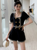 Chic Vintage Tweed 2 Piece Sets Women Outfits Short Sleeve Tweed Cropped Top Shorts Sets Fashion Two Piece Pant