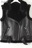 MODA Autumn Women Thick Warm Faux Leather Vest Jacket With Belt Ladies Fashion Sleeveless Waistcoat Coat Female Chic