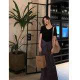 Summer New Relaxation Black Short-Sleeved T-Shirt Blouse High-Waist Purple Color Tying Strap A-Word Half-Dress